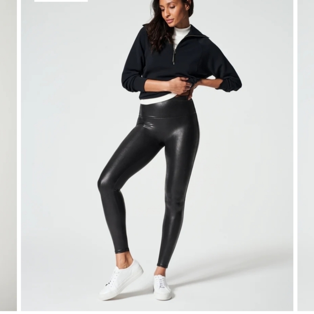 SPANX black faux leather leggings. Size large